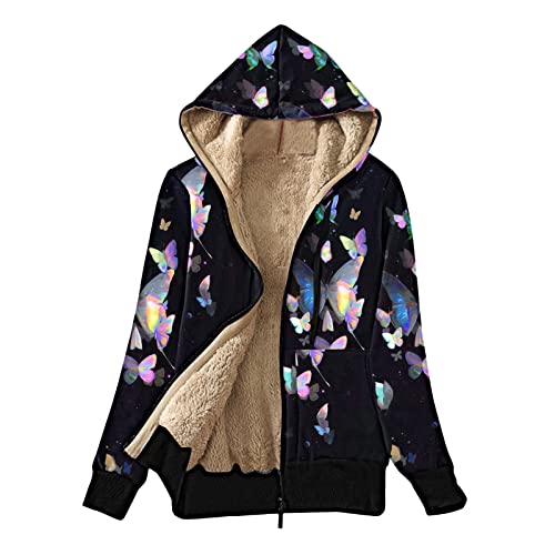 Rrongwn Damen Sweatjacke Mit Kapuze Bunt Schmetterlings Muster Winterjacke Gefüttert Freizeitjacke Full Zip Up Outdoorjacke Herbst Damenmantel Lässig Übergangsjacke Winter Warm Kapuzenjacke von Rrongwn