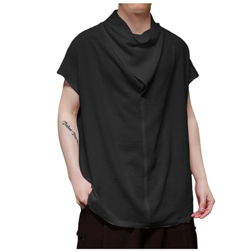 Rrongwn Eisseide Shirt Herren Asymmetrische Stapelkragen Oberteil Loose Fit T Shirt Lang Tops Männer Hip Hop Straßentanz Style Sommer Mode Streetwear von Rrongwn