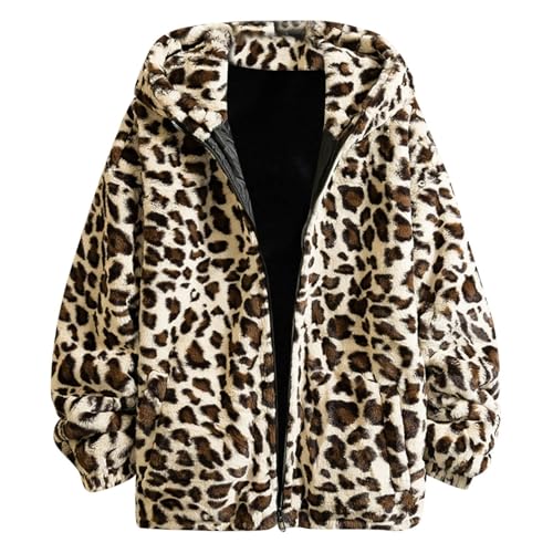 Rrongwn Fleecejacke Hoodie Damen Leopard Fuzzy Fleece Kapuzenjacke Winter Innenfleece Jacke Teddy Fleecejacke Gefüttert Winterjacke Lässige Kuscheljacke Outdoor Sweatjacke von Rrongwn