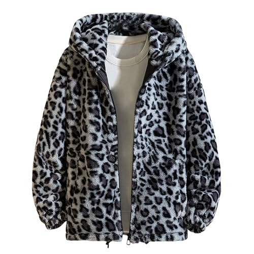 Rrongwn Fleecejacke Hoodie Damen Leopard Fuzzy Fleece Kapuzenjacke Winter Innenfleece Jacke Teddy Fleecejacke Gefüttert Winterjacke Lässige Kuscheljacke Outdoor Sweatjacke von Rrongwn