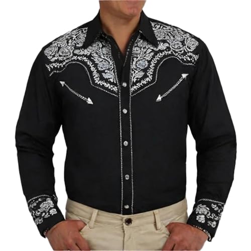 Rrongwn Hemd Herren Langarm Bestickt Cowboy Druck Hemden Western-Stil Hemden Stickerei Westernhemd Mode Traditionelles Bestickt Shirt Vintage Langarmhemd Karneval Kostüm Shirt von Rrongwn