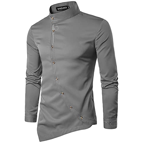 Rrongwn Hemd Herren Schräg Verlaufende Knopfleiste Design Langarmhemd Mit Schnürung Männerhemd Mit Unregelmäßigem Saum Mode Lässig Bestickt Langarmhemd Mit Stehkragen von Rrongwn