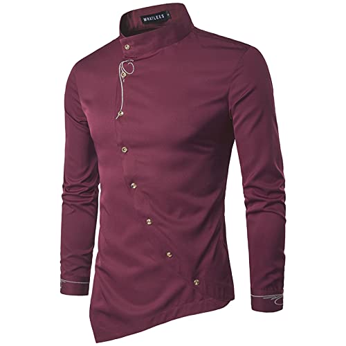 Rrongwn Hemd Herren Schräg Verlaufende Knopfleiste Design Langarmhemd Mit Schnürung Männerhemd Mit Unregelmäßigem Saum Mode Lässig Bestickt Langarmhemd Mit Stehkragen von Rrongwn