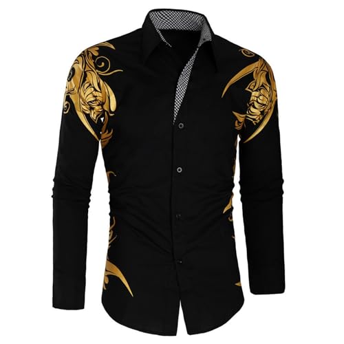 Rrongwn Herren Blumen Hemd Langarm Personalisiertes Bedrucktes Hemd Herren Herbst Slim Langarm Gold Schwarz Hemd Herren Social Herren Herren Club Abschlussball Hemd von Rrongwn