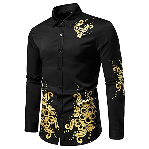 Rrongwn Herren Hemd Blumen Hemd Langarm Personalisiertes Bedrucktes Hemd Herren Herbst Slim Langarm Gold Schwarz Hemd Herren Social Herren Herren Club Abschlussball Hemd von Rrongwn
