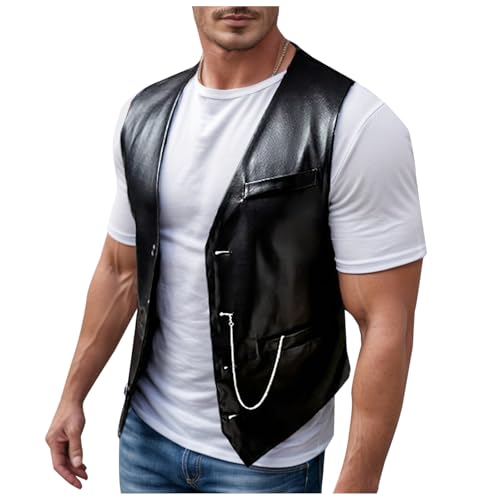 Rrongwn Herren Lederweste Weste Herren Pu Slim Fit Lederweste Soft Motorradweste Geknöpft Biker Lederweste Lässig Vintage Leder Weste Classic Einfarbig Pu Gilet Elegant Ärmellose Lederweste von Rrongwn