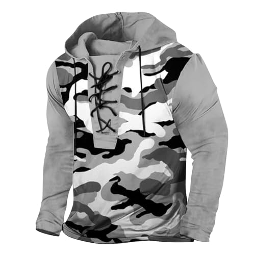 Rrongwn Herren Mittelalter Leinenhemd Tunika Wikinger Kleidung Langarm Schnürung Hoodie 3D Gedruckt Retro Pullover Sweatshirt Mit Kapuze Und Kordelzug Lace Up Hooded Langarmhemd von Rrongwn