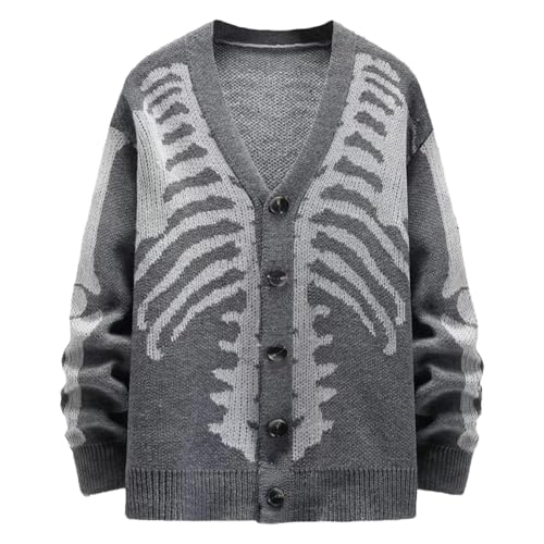 Rrongwn Herren Strickjacke Skelett Cardigan Baggy Übergangsjacke Regular Fit Feinstrick Jacke Modern Arbeitsjacke Langarm Sweatjacke Bequem Freizeitjacke Lässige Windjacke von Rrongwn