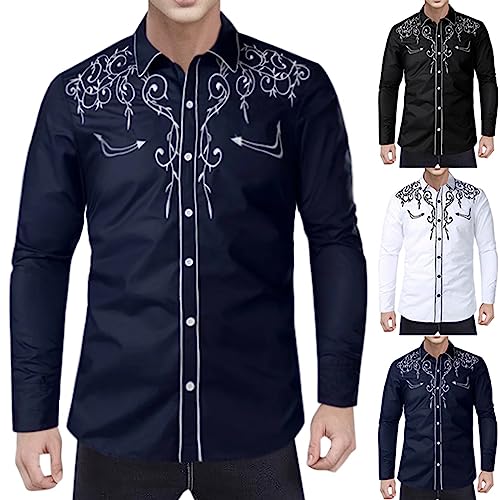 Rrongwn Herren Western Cowboy Hemd Bestickt Langarm Slim Fit Casual Baumwolle Button Down Hippie Shirts Wilder Westen, Kostüm, Karneval, Mottoparty von Rrongwn