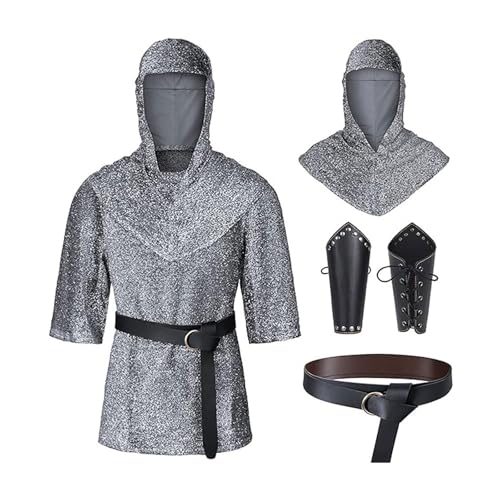 Rrongwn Kettenhemd Herren Renaissance Faux Chain Mail Rüstung Tunika Shirt Coif Mittelalter Ritter Cowl Kreuzritter Kostüm Outfit Armschienen Taille Gürtel Set von Rrongwn