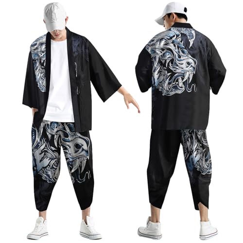 Rrongwn Kimono Set Herren Japanisch Mehrfarbig Druck Lose Cardigan Sommer 3/4 Hülse Kimono Kurzarm Funky Bunte National Print Japanische Bademäntel Strandhemd T-Shirt Set von Rrongwn
