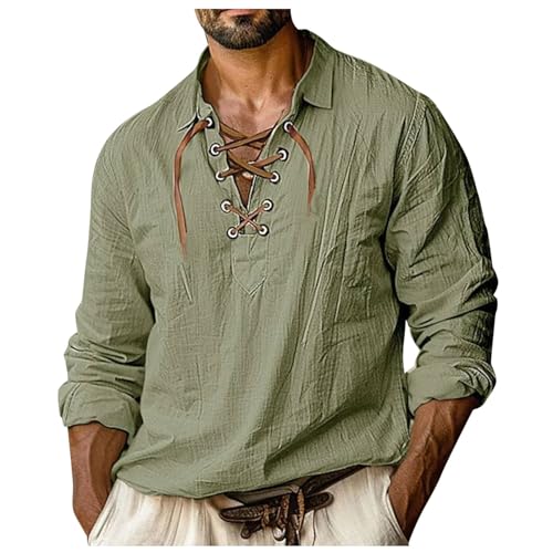 Rrongwn Langarm Hemden Für Herren Leinenhemd Freizeithemd Herren-Kostüm Oberteile Mit Schnürung Mittelalterliches Vintage-Kostüm Piraten Hemd Mit Revers von Rrongwn