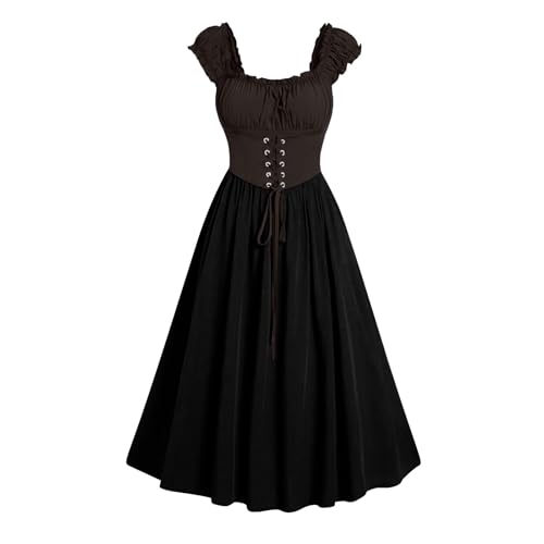 Rrongwn Mittelalter Kleidung Damen Renaissance Kurzarm Rockabilly Kleid Mittelalterliche Elegantes Partykleid Viktorianischen Abendkleid Fasching Lange Cocktailkleid Halloween Kostüm von Rrongwn