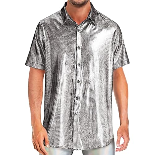 Rrongwn Pailletten Hemd Herren Retro Pailletten Hemd Glitzer Hemd 70er 80er Jahre Outfit Glitzerhemd Kurzarm Mode Party Hemd Hippie Lustig Hemd von Rrongwn