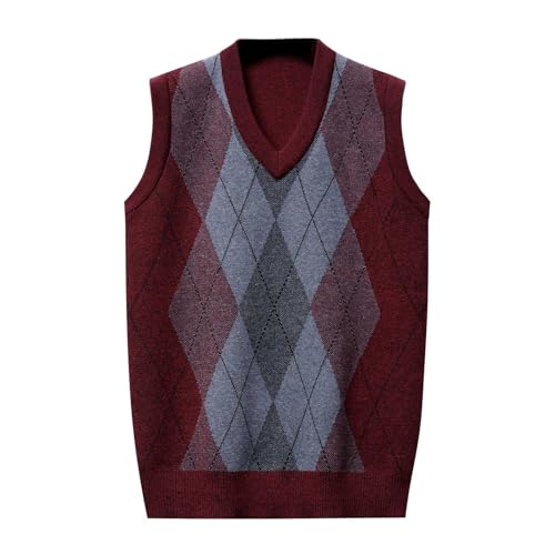 Rrongwn Pullunder Herren Ärmello Argyle Lässig V-Ausschnitt Pulloverwestee Loose Fit Strickweste Lässiges Freizeit Wollstrickwaren Strick Weste Zopfmuster Pullover Männer Herrenwesten von Rrongwn