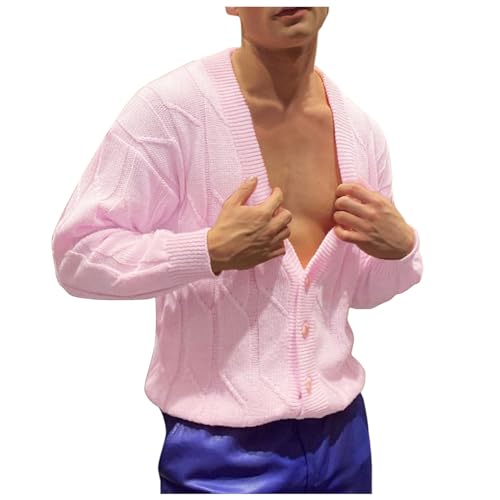 Rrongwn Strickjacke Herren Pink Langarm Cardigan Winter Pullovers Slim Fit Sweatjacke Bequem Cardigan Mantel Baumwolle Langarmshirts Grobstrick Winterjacke Einfarbige Winmantel von Rrongwn