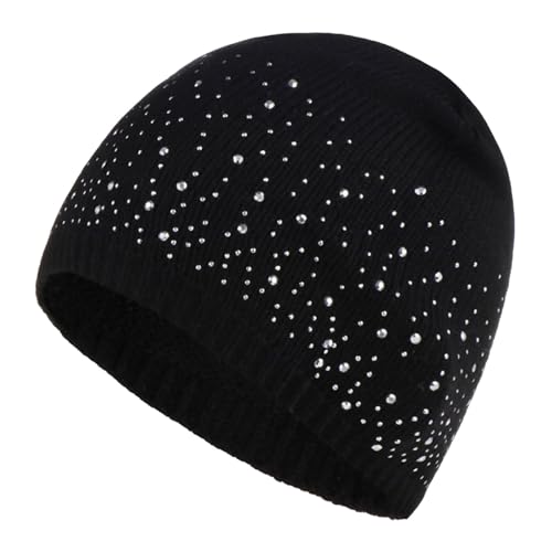 Rrongwn Strickmütze Damen Mütze Frauen Wintermütze Caps Beanie Hats Mode Gestrickte Einfarbige Mütze Mit Perle Strass Frauen Herbst Winter Warme Mützen Mütze Damen Elegante Motorhaube von Rrongwn