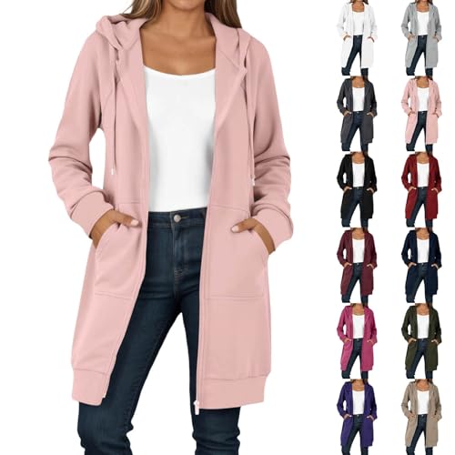 Rrongwn Sweatjacke Damen mit Kapuze Fleecejacke Zipper Hoodie Lange Jacke Leicht Übergangsjacke Sweatshirt Sportjacke Einfarbig Kapuzenpulli Kapuzenjacke von Rrongwn