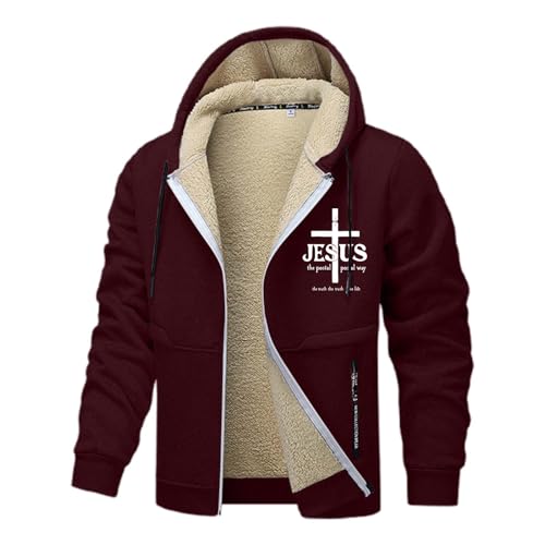 Rrongwn Übergangsjacke Herren Mit Kapuze Jesus Print Sweatjacke Warm Gefüttert Winterjacke Klassische Freizeitjacke Mode Outdoorjacke Outdoor Arbeitsjacke Mode Herrenjacke von Rrongwn