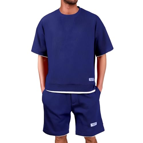 Rrongwn Waffle Trainingsanzug Herren Jogginganzug 2 Teiler Sportanzug Shorts Und Tshirt Set Stretch Atmungsaktive Freizeitanzug Strand Männer Tracksuit von Rrongwn