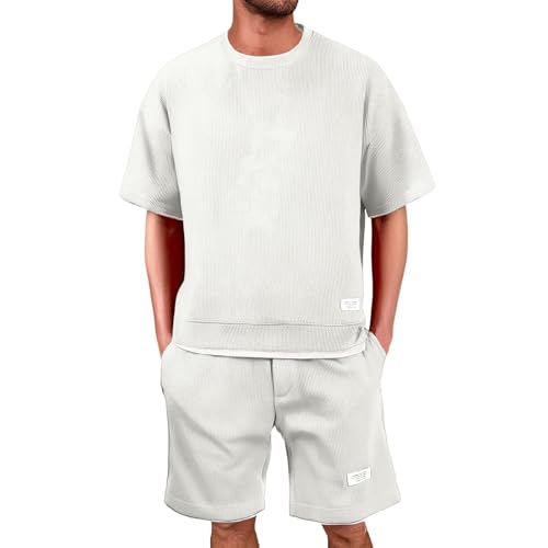 Rrongwn Waffle Trainingsanzug Herren Jogginganzug 2 Teiler Sportanzug Shorts Und Tshirt Set Stretch Atmungsaktive Freizeitanzug Strand Männer Tracksuit von Rrongwn