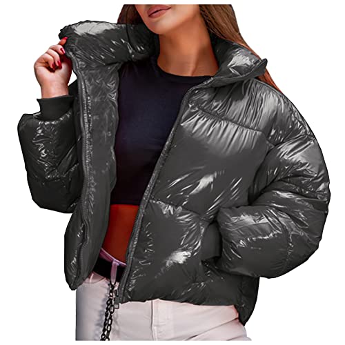 Rrongwn Winterjacke Damen Kurz Puffer 3/4 Jacke Schwarz Cropped Jacke Kurz Warm Jacke Daunen Crop Winterjacke Bauchfrei Winter Leicht Steppjacke Daunenmantel Metallic Glanz Puffer Parker Mantel von Rrongwn