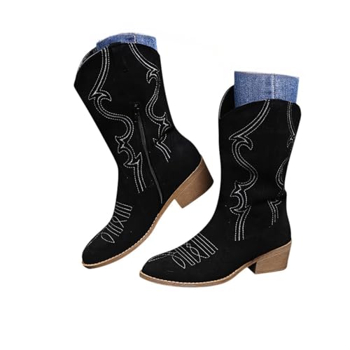 Rrrmnoawb Cowboy Stiefel Damen Biker Boots Kniehohe Stiefel Frauen Boots mit Stickereien Leder Stiefel Weitschaftstiefel Outdoor (0-Black, Erwachsene, Damen, 35, Numerisch, EU Schuhgrößensystem, M) von Rrrmnoawb