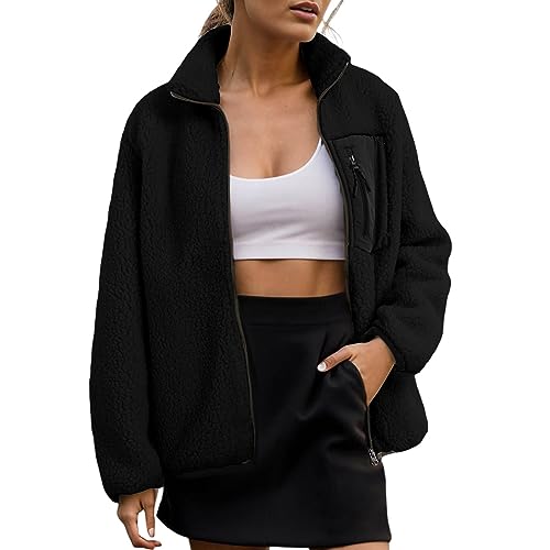 Rrrmnoawb Damen Sherpa Langarmjacke mit Stehkragen und durchgehendem Reißverschluss für Damen mit gewebtem Besatz Casual Fleece Jacke Warme Fuzzy Langarm Sweatshirt Outwear Übergangsjacke von Rrrmnoawb