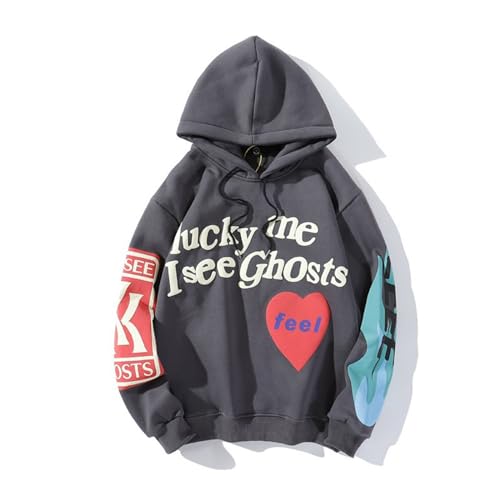 Rrrmnoawb Lucky me I See Ghosts Herren Hoodie Kapuzenpullover Pullover Hooded Sweatshirt Harajuku Hip Hop Hoodie (DE/NL/SE/PL, Alphanumerisch, 3XL, Regular, Regular, Grey) von Rrrmnoawb