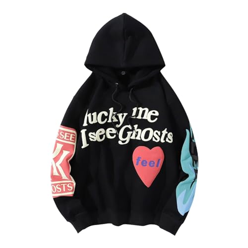 Rrrmnoawb Lucky me I See Ghosts Herren Hoodie Kapuzenpullover Pullover Hooded Sweatshirt Harajuku Hip Hop Hoodie (DE/NL/SE/PL, Alphanumerisch, XL, Regular, Regular, Black) von Rrrmnoawb