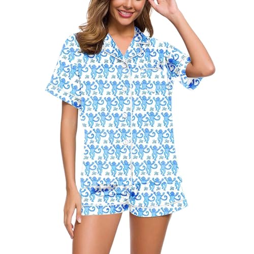 Women's Pajama Sets Frauen 2-teilige Floral Pyjamas Set Y2k Kurzarm Affe Hase Tiger Floral PJ Shorts Set Roller Dupes Kaninchen Preppy (DE/NL/SE/PL, Alphanumerisch, S, Regular, Regular, 01-Blue) von Rrrmnoawb