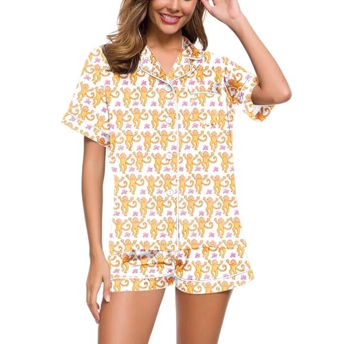 Women's Pajama Sets Frauen 2-teilige Floral Pyjamas Set Y2k Kurzarm Affe Hase Tiger Floral PJ Shorts Set Roller Dupes Kaninchen Preppy (DE/NL/SE/PL, Alphanumerisch, S, Regular, Regular, Yellow) von Rrrmnoawb