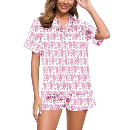 Women's Pajama Sets Frauen 2-teilige Floral Pyjamas Set Y2k Kurzarm Affe Hase Tiger Floral PJ Shorts Set Roller Dupes Kaninchen Preppy (DE/NL/SE/PL, Alphanumerisch, XL, Regular, Regular, 01-Pink) von Rrrmnoawb