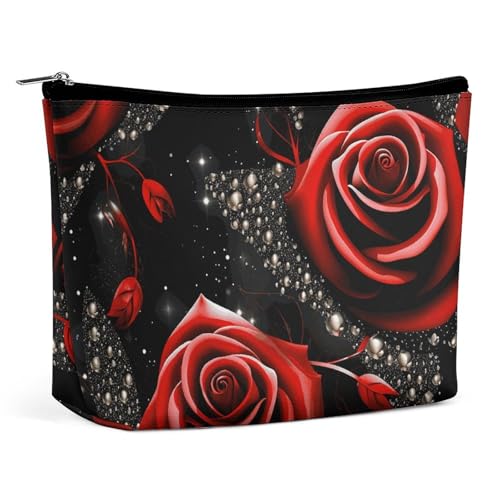 Kosmetiktasche mit roten Rosen und Sternen für Damen, tragbare Reise-Kulturbeutel, PU-Leder, Kosmetiktasche mit Reißverschluss Kosmetiktasche mit roten Rosen und Sternen für Damen, tragbare Reise-Kulturbeutel, PU-Leder, Kosmetiktasche mit Reißverschluss von Rrtsmsgh