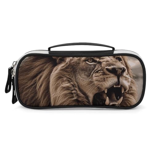 Rrtsmsgh Angry Lion Federmäppchen, großes Fassungsvermögen, kleine Make-up-Tasche aus PU-Leder mit Reißverschluss und Griff, tragbares Federmäppchen für Büro, Kosmetikaufbewahrung von Rrtsmsgh
