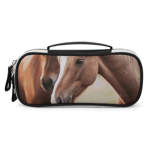 Rrtsmsgh Entzückendes Pferd-Federmäppchen mit großem Fassungsvermögen, kleine Make-up-Tasche aus PU-Leder mit Reißverschluss und Griff, tragbares Federmäppchen für Büro, Kosmetikaufbewahrung von Rrtsmsgh