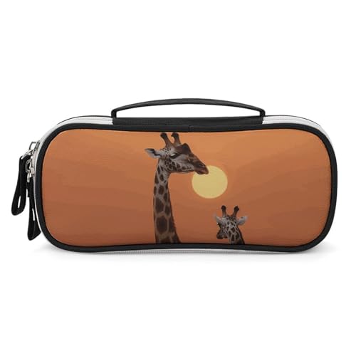 Rrtsmsgh Federmäppchen Giraffe bei Sonnenuntergang, großes Fassungsvermögen, kleine Make-up-Tasche aus PU-Leder mit Reißverschluss und Griff, tragbares Federmäppchen für Büro, Kosmetikaufbewahrung von Rrtsmsgh