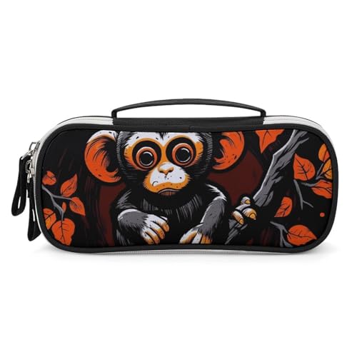 Rrtsmsgh Federmäppchen mit Affe auf rotem Ast, großes Fassungsvermögen, kleine Make-up-Tasche aus PU-Leder mit Reißverschluss und Griff, tragbares Federmäppchen für Büro, Kosmetikaufbewahrung von Rrtsmsgh