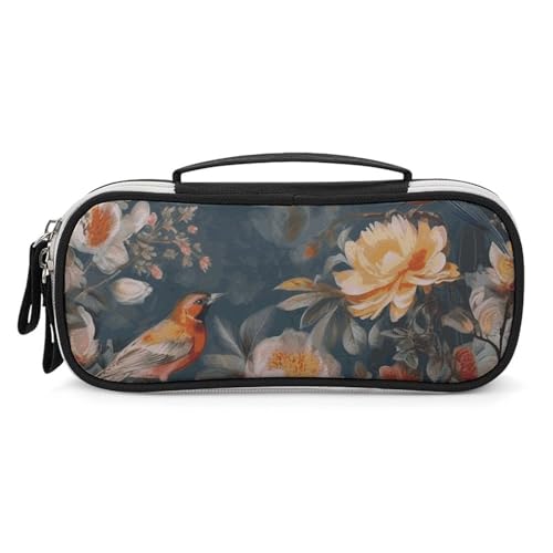Rrtsmsgh Federmäppchen mit Blumen und Vögeln, großes Fassungsvermögen, kleine Make-up-Tasche aus PU-Leder mit Reißverschluss und Griff, tragbares Federmäppchen für Büro, Kosmetikaufbewahrung von Rrtsmsgh