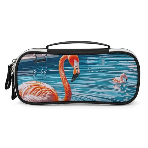 Rrtsmsgh Federmäppchen mit Flamingo und Schwimmbädern, großes Fassungsvermögen, kleine Make-up-Tasche aus PU-Leder mit Reißverschluss und Griff, tragbares Federmäppchen für Büro, Kosmetikaufbewahrung von Rrtsmsgh