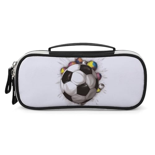 Rrtsmsgh Federmäppchen mit Fußball-Zeichnung, großes Fassungsvermögen, kleine Make-up-Tasche aus PU-Leder mit Reißverschluss und Griff, tragbares Federmäppchen für Büro, Kosmetikaufbewahrung von Rrtsmsgh