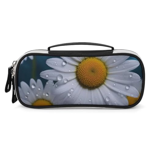 Rrtsmsgh Federmäppchen mit Gänseblümchen, großes Fassungsvermögen, kleine Make-up-Tasche aus PU-Leder mit Reißverschluss und Griff, tragbares Federmäppchen für Büro, Kosmetikaufbewahrung von Rrtsmsgh