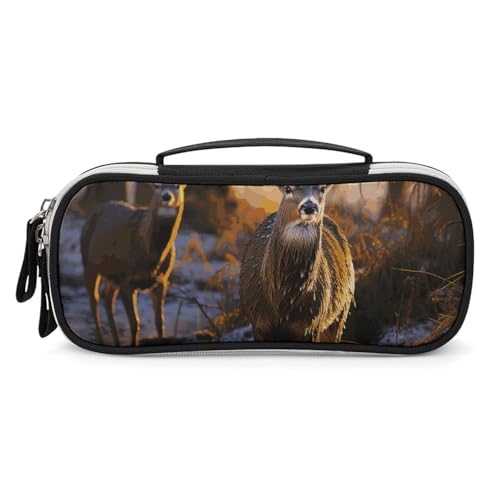 Rrtsmsgh Federmäppchen mit Hirschbild, großes Fassungsvermögen, kleine Make-up-Tasche aus PU-Leder mit Reißverschluss und Griff, tragbares Federmäppchen für Büro, Kosmetikaufbewahrung von Rrtsmsgh