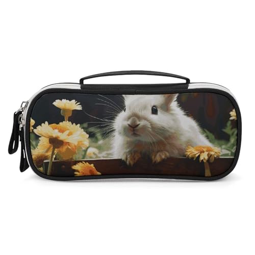 Rrtsmsgh Federmäppchen mit Kaninchen- und Blumenmotiv, großes Fassungsvermögen, kleine Make-up-Tasche aus PU-Leder mit Reißverschluss und Griff, tragbares Federmäppchen für Büro, Kosmetikaufbewahrung von Rrtsmsgh