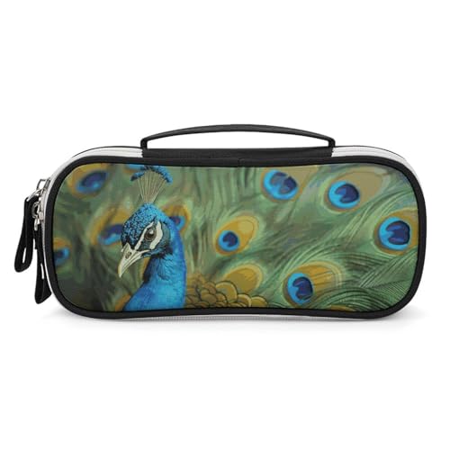 Rrtsmsgh Federmäppchen mit Pfauenfedern, großes Fassungsvermögen, kleine Make-up-Tasche aus PU-Leder mit Reißverschluss und Griff, tragbares Federmäppchen für Büro, Kosmetikaufbewahrung von Rrtsmsgh