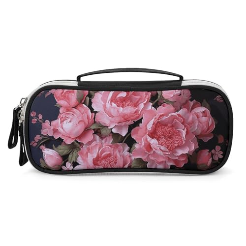 Rrtsmsgh Federmäppchen mit Pfingstrosenblumen, großes Fassungsvermögen, kleine Make-up-Tasche aus PU-Leder mit Reißverschluss und Griff, tragbares Federmäppchen für Büro, Kosmetikaufbewahrung von Rrtsmsgh