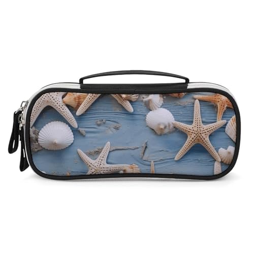 Rrtsmsgh Federmäppchen mit Seesternmuster, großes Fassungsvermögen, kleine Make-up-Tasche aus PU-Leder mit Reißverschluss und Griff, tragbares Federmäppchen für Büro, Kosmetikaufbewahrung von Rrtsmsgh