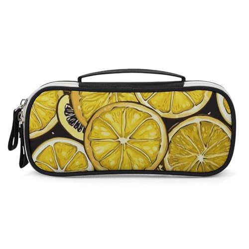 Rrtsmsgh Federmäppchen mit Zitronenmuster, großes Fassungsvermögen, kleine Make-up-Tasche aus PU-Leder mit Reißverschluss und Griff, tragbares Federmäppchen für Büro, Kosmetikaufbewahrung von Rrtsmsgh