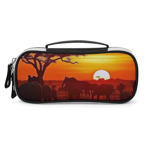 Rrtsmsgh Federmäppchen mit afrikanischem Tier, großes Fassungsvermögen, kleine Make-up-Tasche aus PU-Leder mit Reißverschluss und Griff, tragbares Federmäppchen für Büro, Kosmetikaufbewahrung von Rrtsmsgh