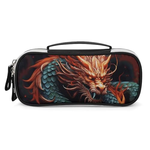 Rrtsmsgh Federmäppchen mit chinesischem Drachen, großes Fassungsvermögen, kleine Make-up-Tasche aus PU-Leder mit Reißverschluss und Griff, tragbares Federmäppchen für Büro, Kosmetikaufbewahrung von Rrtsmsgh